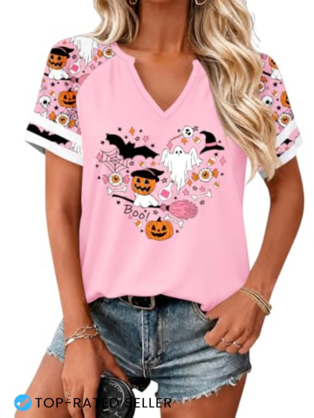 Halloween Spooky Ghost Print V-Neck Raglan Short Sleeve Tee